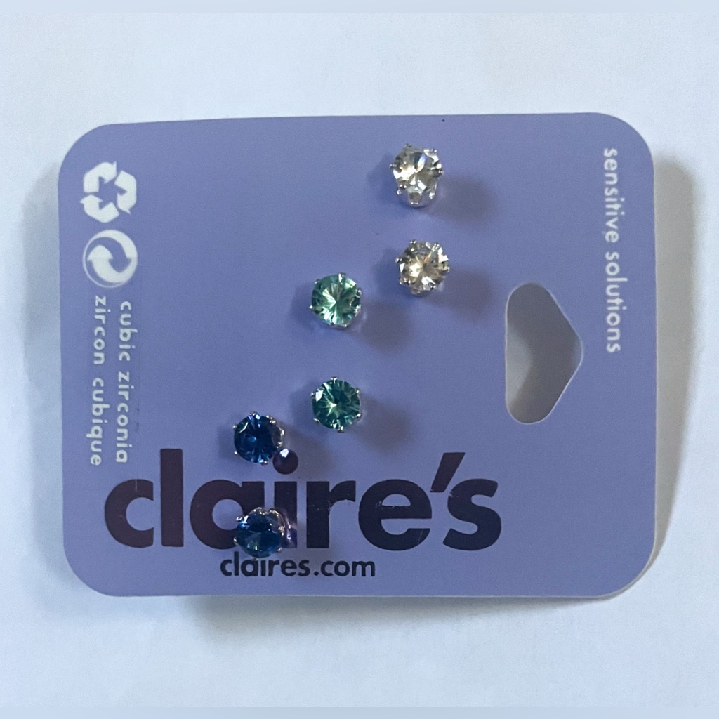 Claires Blue Cubic Zirconia Round Stud Earrings - 3 Pack 10$